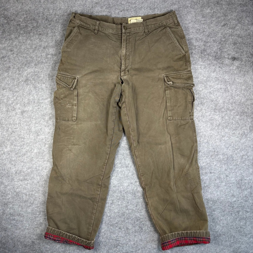 Eddie Bauer Vintage Flannel Lined Cargo Pants Mens 38x32 Green Plaid Distressed